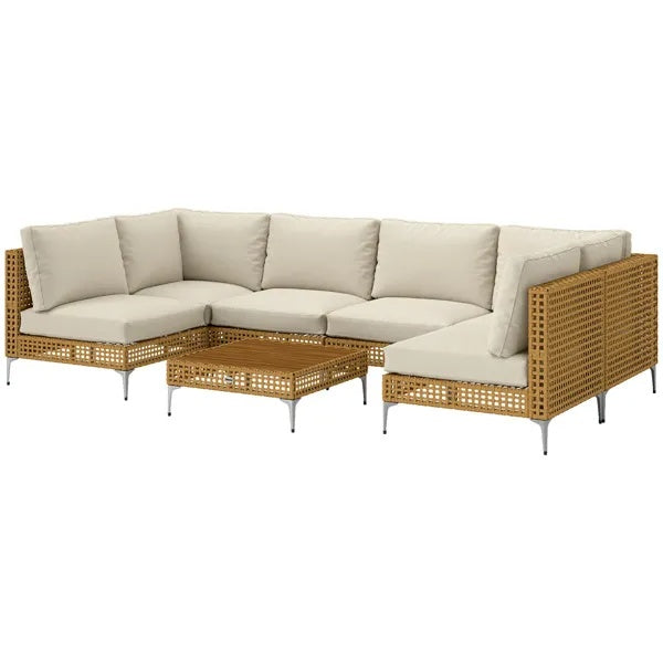 7-Piece Outdoor Patio Furniture Set – Modular Rattan Sectional Sofa with Cushions & Coffee Table