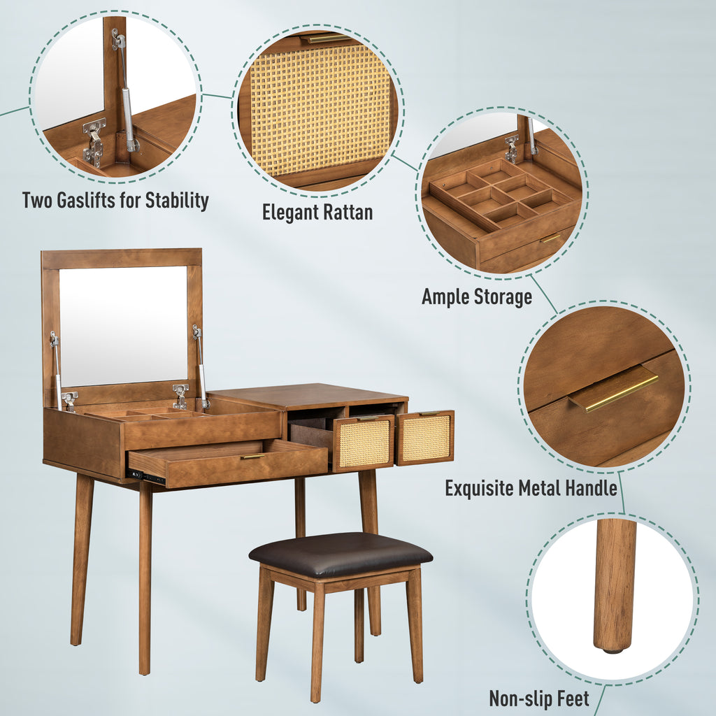 Classic Wood Makeup Vanity Set with Flip-Top Mirror & Stool – Brown Dressing Table with Drawers