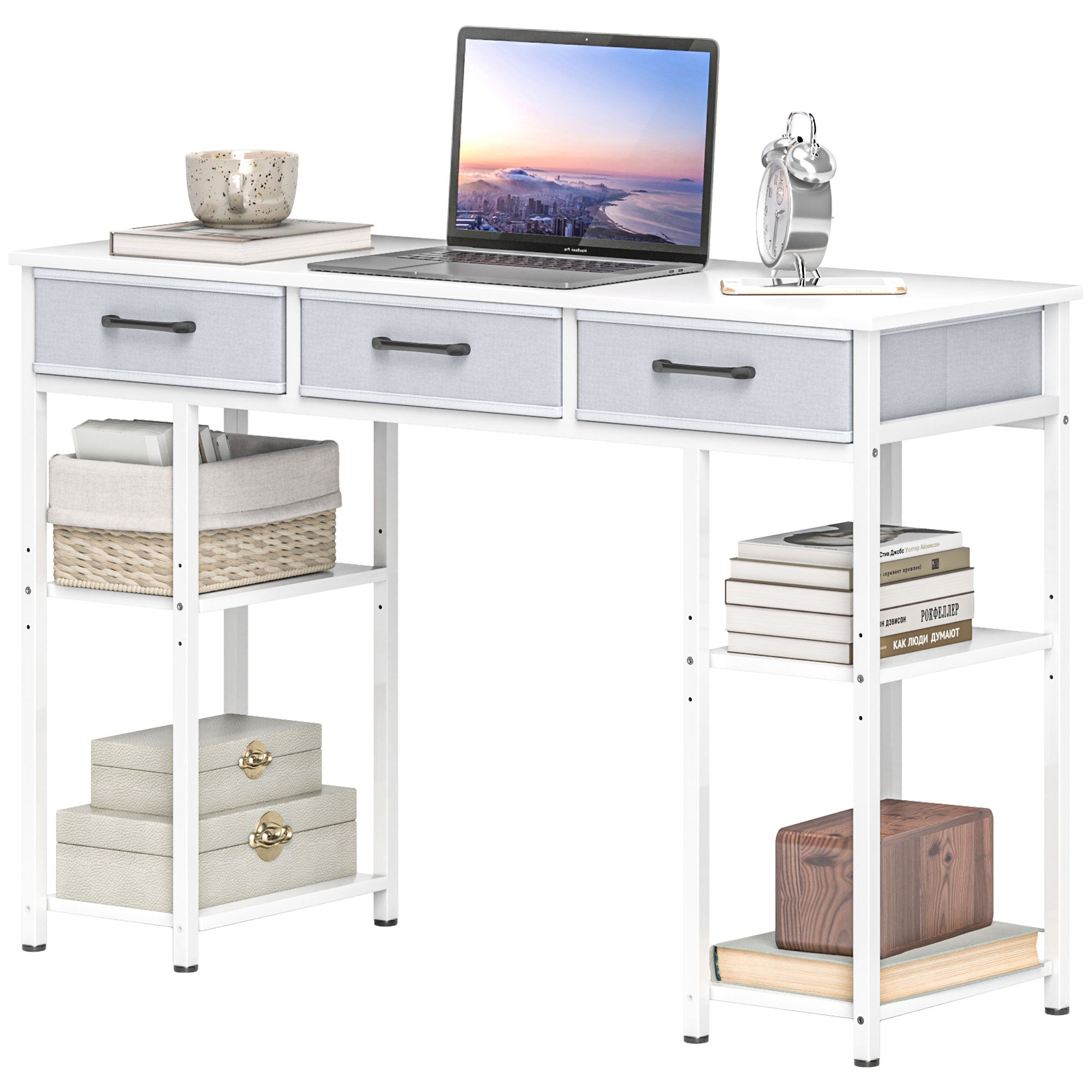 47" Small Computer Desk with Fabric Drawers – Home Office Desk with Adjustable Shelves, White