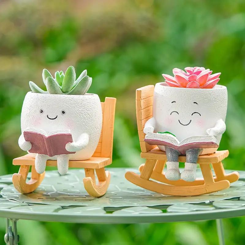 2-Piece Cute Character Reading Rocking Chair Resin Flower Pots – Indoor & Outdoor Decorative Planters