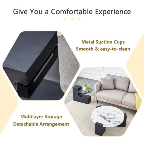 Modern Double-Layer Round Coffee Table – Transparent Gray Glass Top with Black MDF L-Shaped Legs