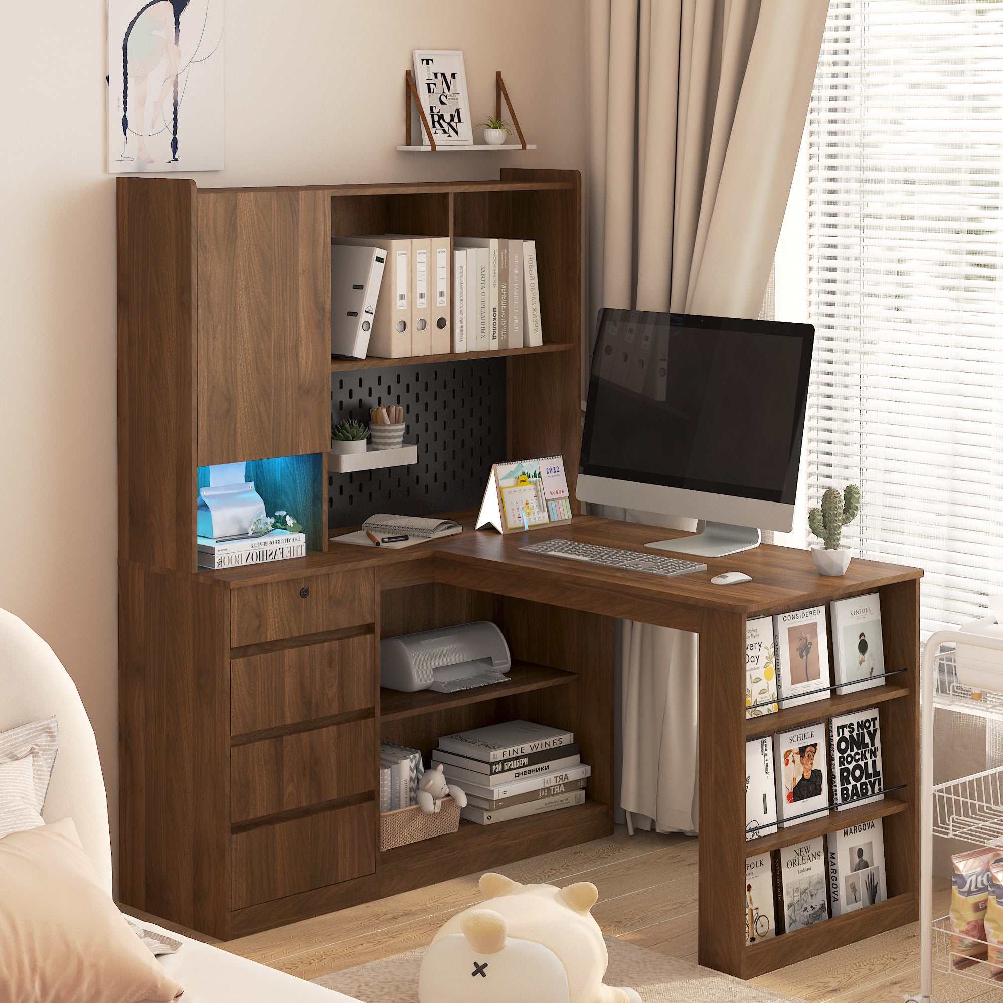 L-Shaped Computer Desk with Drawers, Bookshelf & LED Light – Modern Corner Home Office Desk with Charging Station