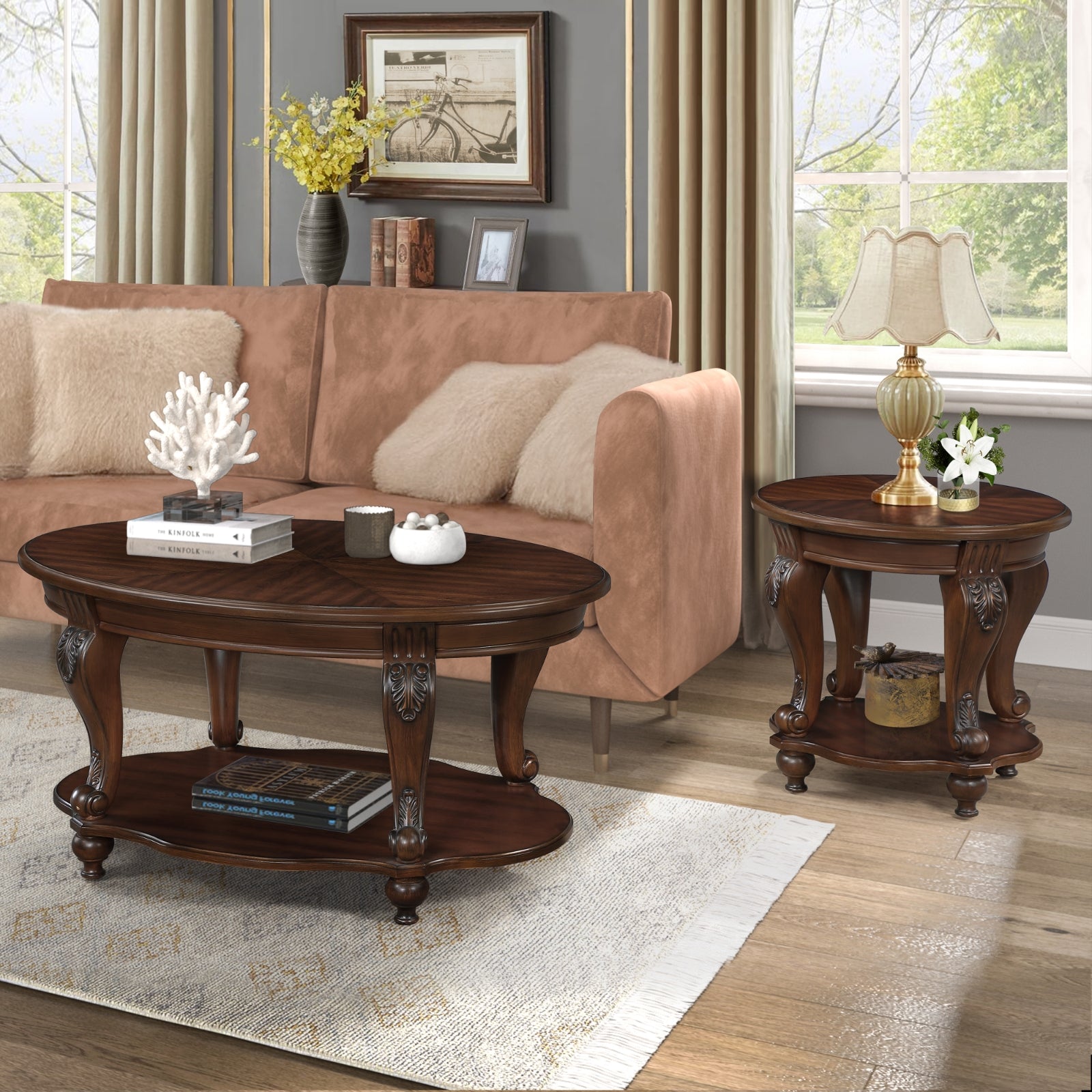 42” Oval Solid Wood Coffee Table with Storage Shelf – Classic American Living Room Table