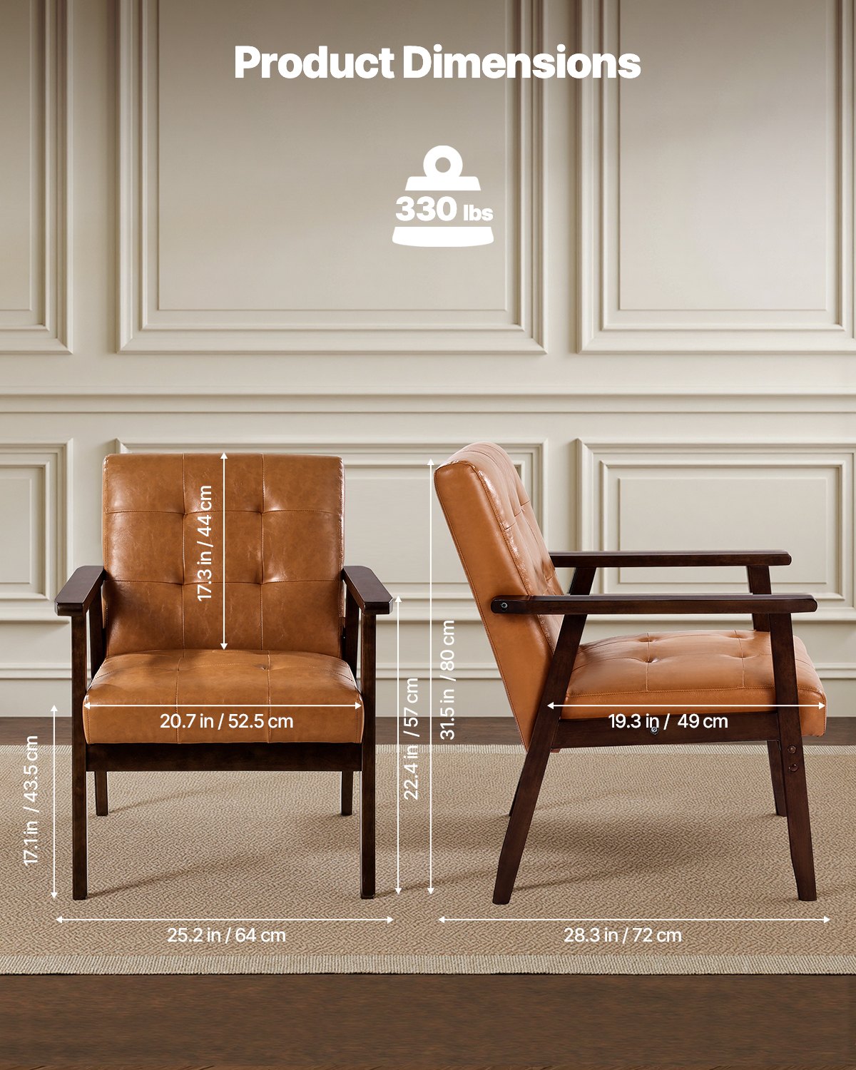 Mid-Century Modern Accent Chair – Upholstered Armchair with Solid Wood Frame & PU Leather Cushion