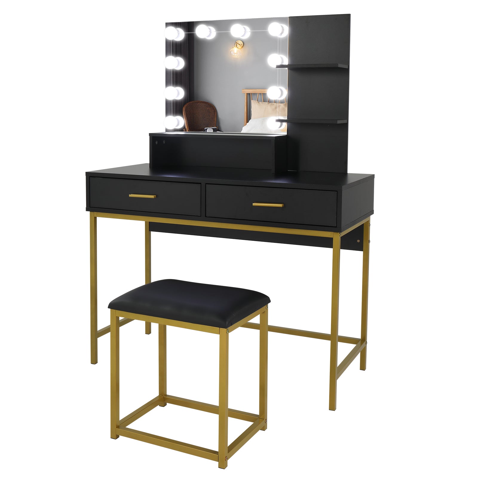 Modern Black Vanity Dressing Table Set with LED Lighted Mirror, Stool & Storage Drawers
