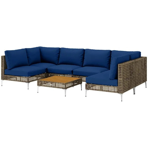 7-Piece Outdoor Patio Furniture Set – Modular Rattan Sectional Sofa with Cushions & Coffee Table