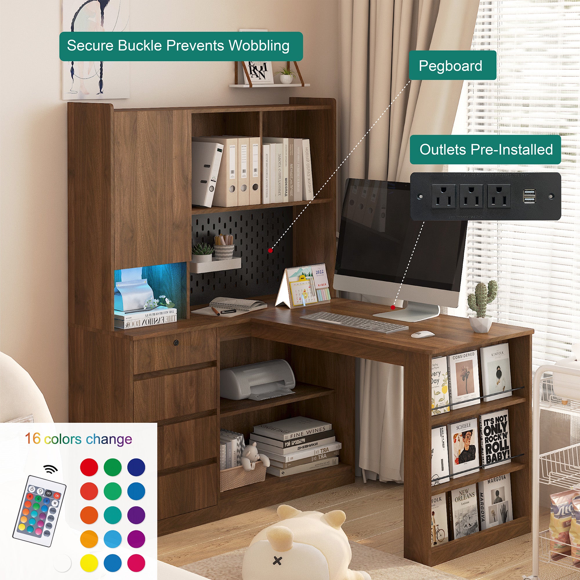 L-Shaped Computer Desk with Drawers, Bookshelf & LED Light – Modern Corner Home Office Desk with Charging Station