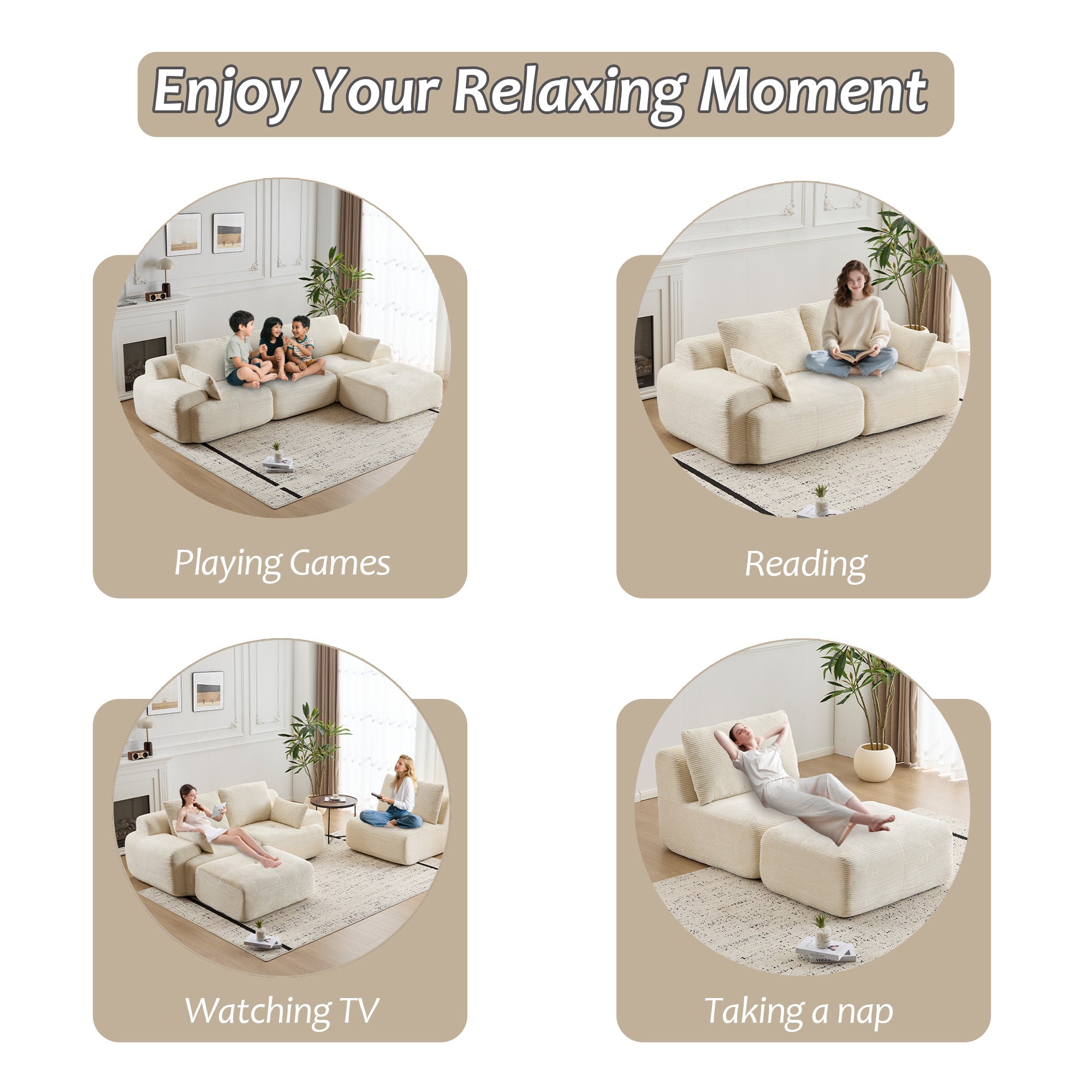 Modern Memory Foam Modular Sectional Sofa – 3-Seat Cloud Couch in Beige (No Assembly Required)