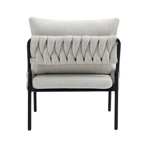 Modern Accent Lounge Chair – Braided Upholstery Armchair with Metal Frame (Beige)