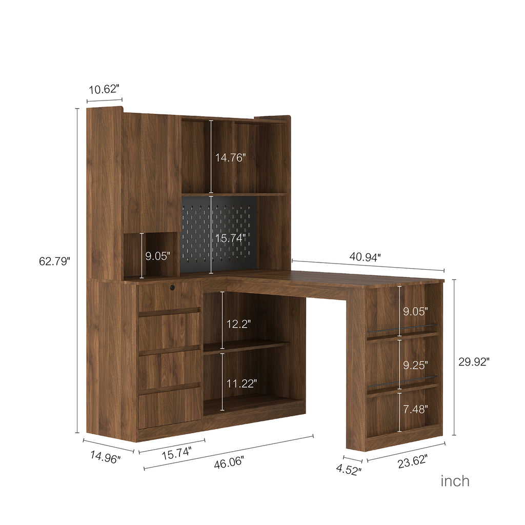 L-Shaped Computer Desk with Drawers, Bookshelf & LED Light – Modern Corner Home Office Desk with Charging Station