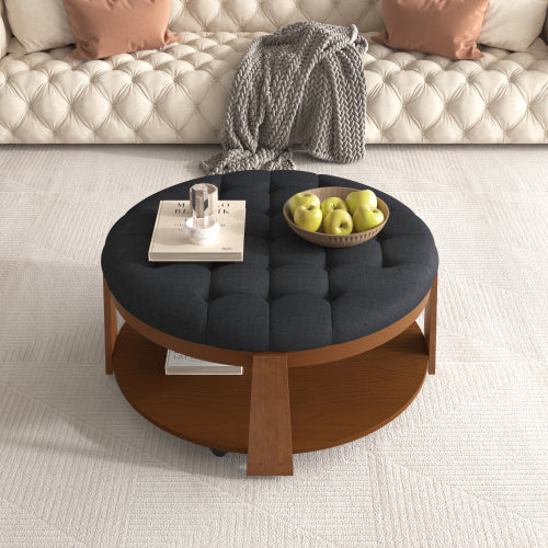 Modern Large Round Ottoman Coffee Table – 2-Tier Oversized Button Tufted Ottoman with Wood Shelf Storage