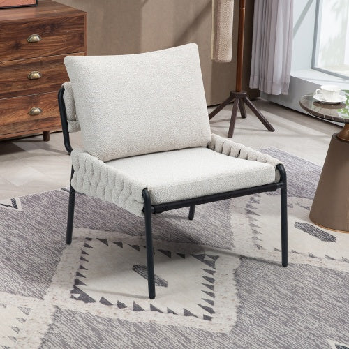 Modern Accent Lounge Chair – Braided Upholstery Armchair with Metal Frame (Beige)