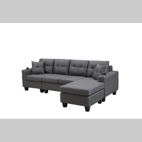 Modern Grey Sectional Sofa – Comfortable Fabric 2-Piece L-Shaped Couch with Cup Holders and Pillows