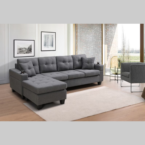 Modern Grey Sectional Sofa – Comfortable Fabric 2-Piece L-Shaped Couch with Cup Holders and Pillows