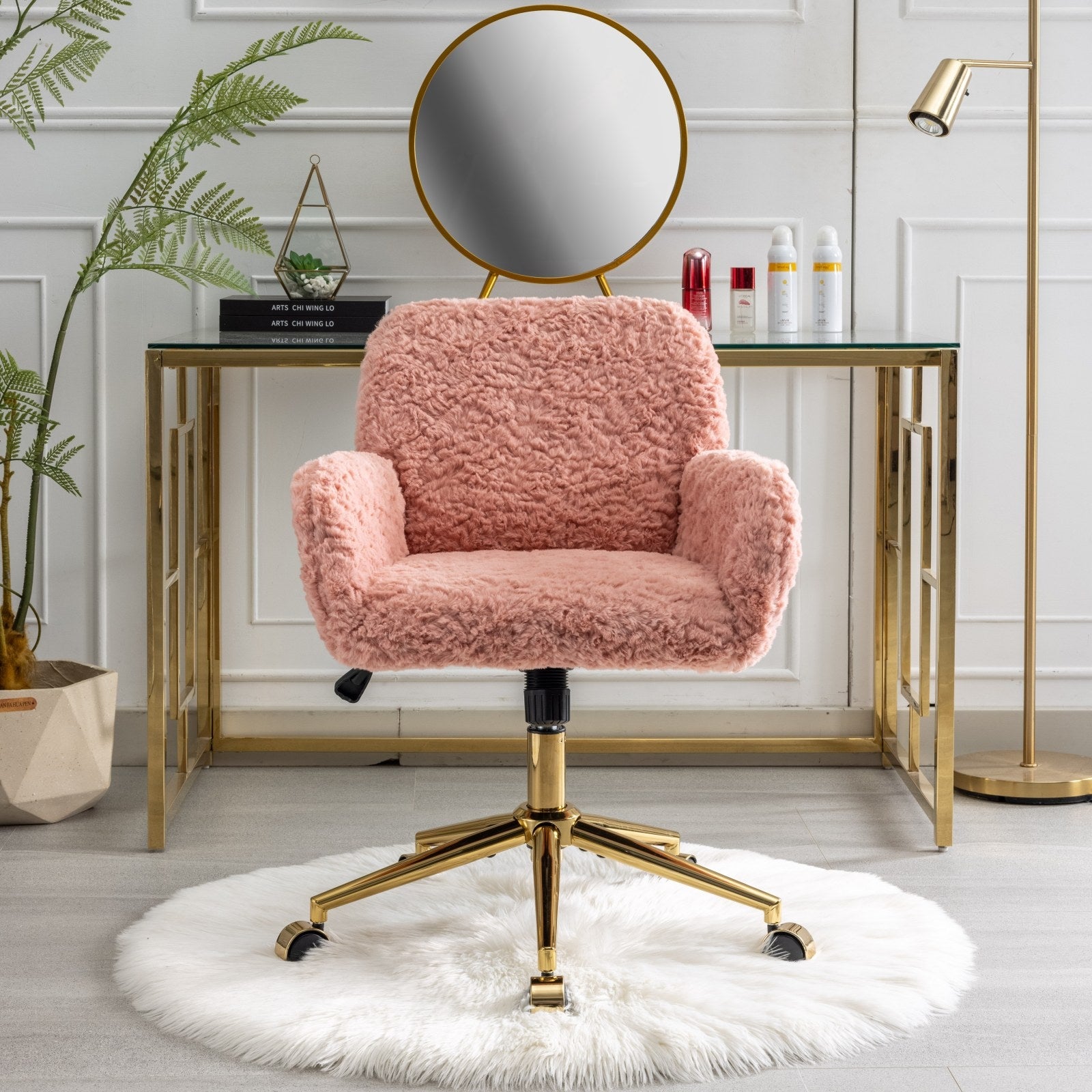 A&A Furniture Pink Office Chair – Faux Rabbit Fur Adjustable Swivel Desk & Vanity Chair with Gold Metal Base