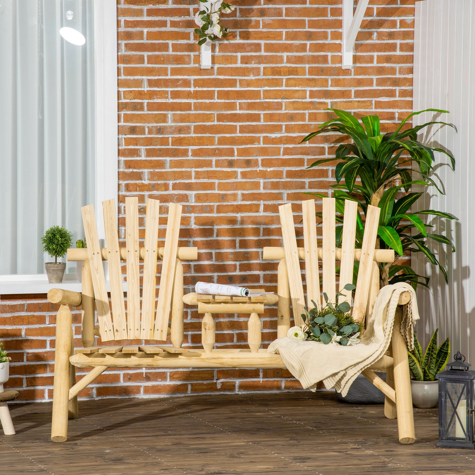 Wooden Adirondack Chair With Center Table, 2-Seat Garden Chair For Lounging And Relaxing Outdoors Natural