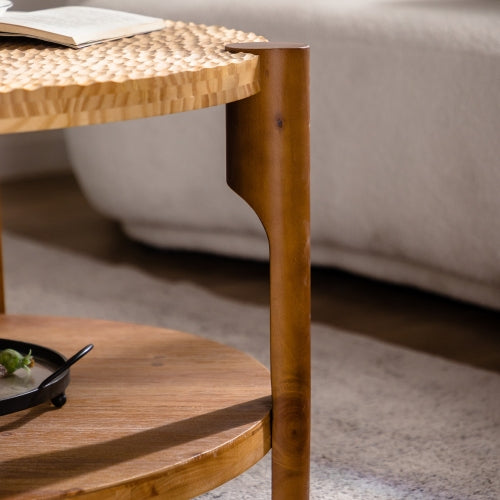 Round Solid Wood Coffee Table with Storage – 2-Tier Mid-Century Modern Design