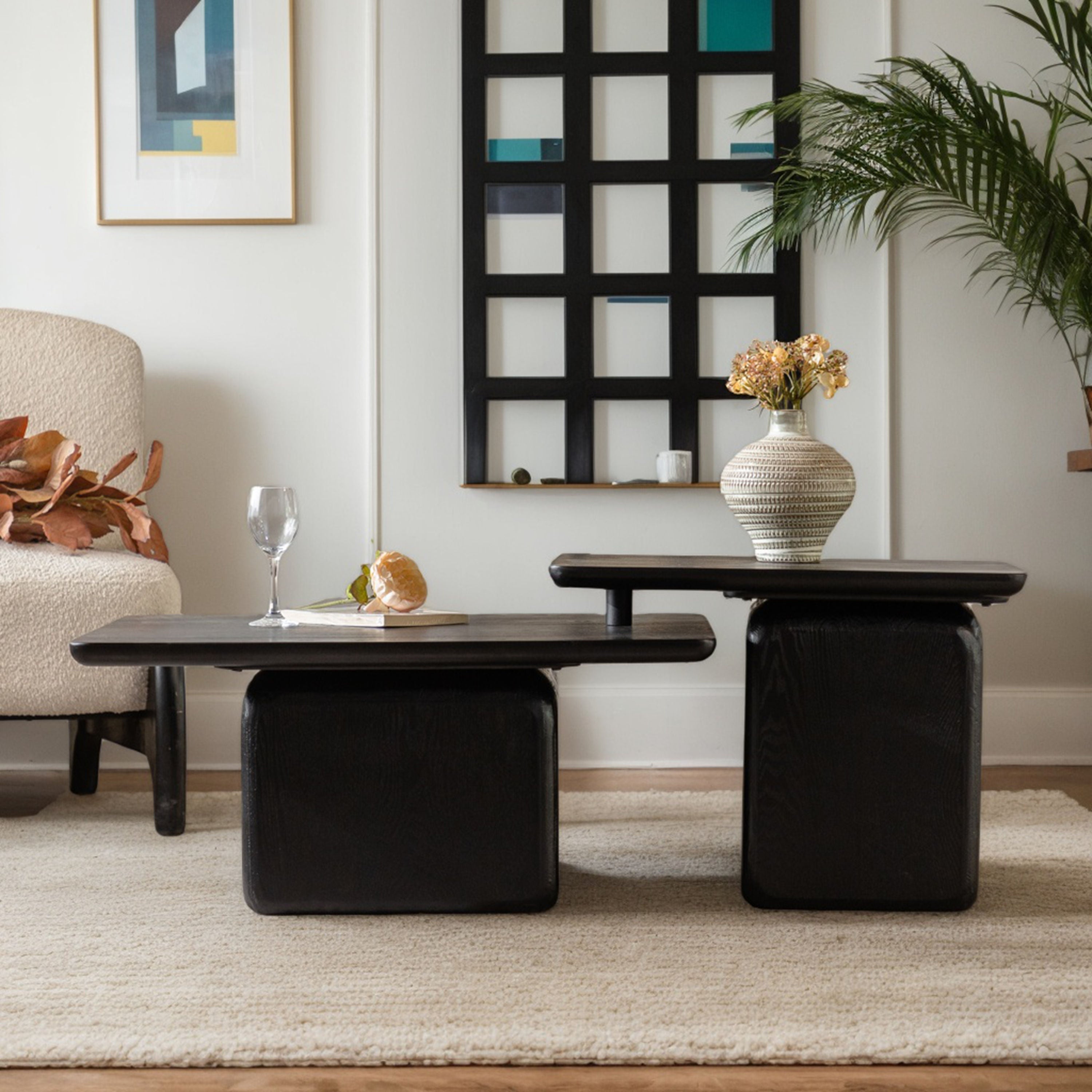 Vintage Square Coffee Table Set (Set of 2) – Black Wood Grain Finish