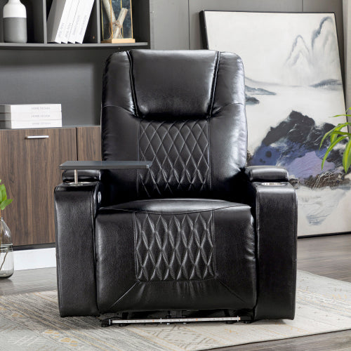 Electric Recliner Chair with USB, LED Ambient Lighting & 360° Swivel Tray – PU Leather Gaming & Home Theater Recliner (Black)