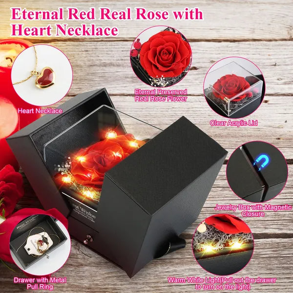 Valentine Special Preserved Red Real Rose with Heart Necklace – Eternal Flower Gift for Women