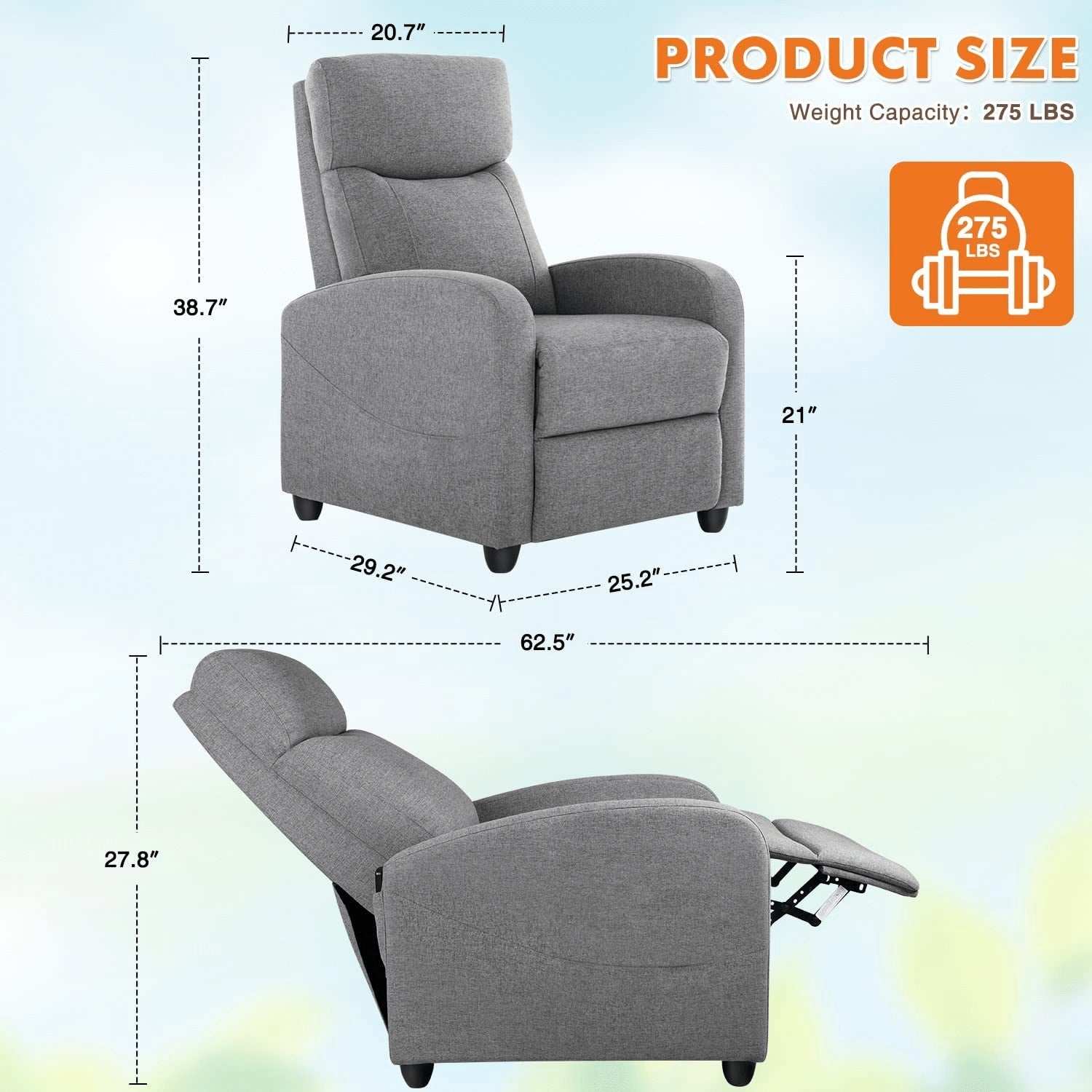 Manual Lounge Chair – Adjustable Recliner with Massage & Heating