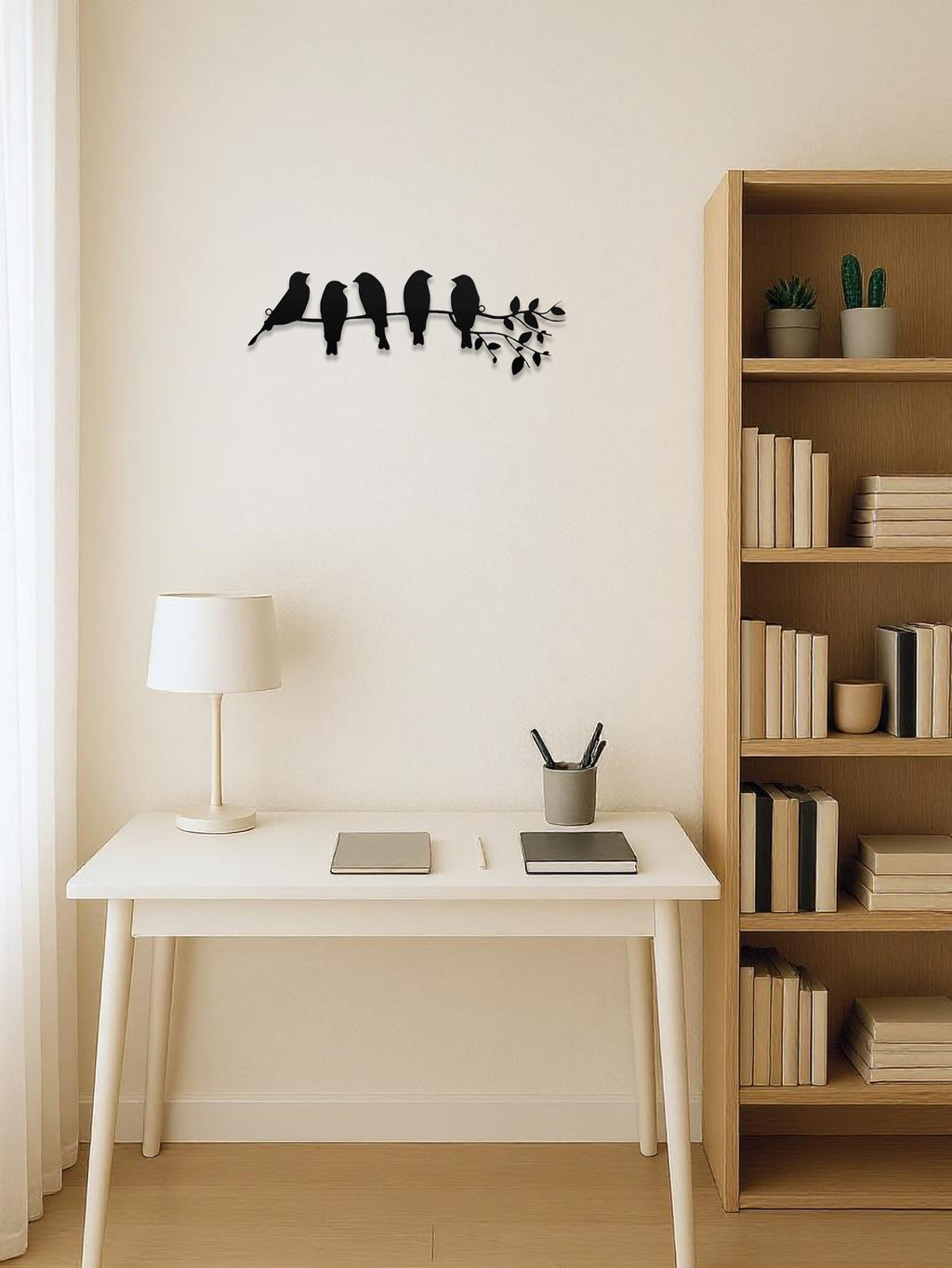 1PC Metal Bird Wall Art – Bird on Branch Wall Ornament with Leaves Sculpture