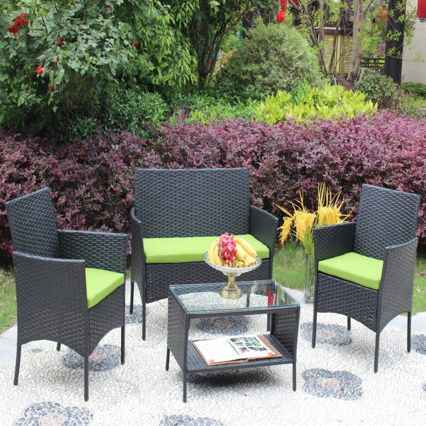4-Piece Rattan Patio Furniture Set – Outdoor Wicker Sofa Set with Green Cushions