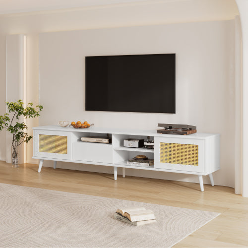 180cm Brown TV Cabinet with Rattan Drawers, Glass Doors & LED Lighting – Modern Entertainment TV Stand