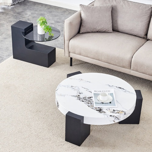 Modern Double-Layer Round Coffee Table – Transparent Gray Glass Top with Black MDF L-Shaped Legs