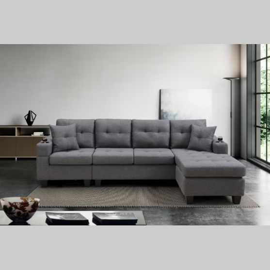 Modern Grey Sectional Sofa – Comfortable Fabric 2-Piece L-Shaped Couch with Cup Holders and Pillows