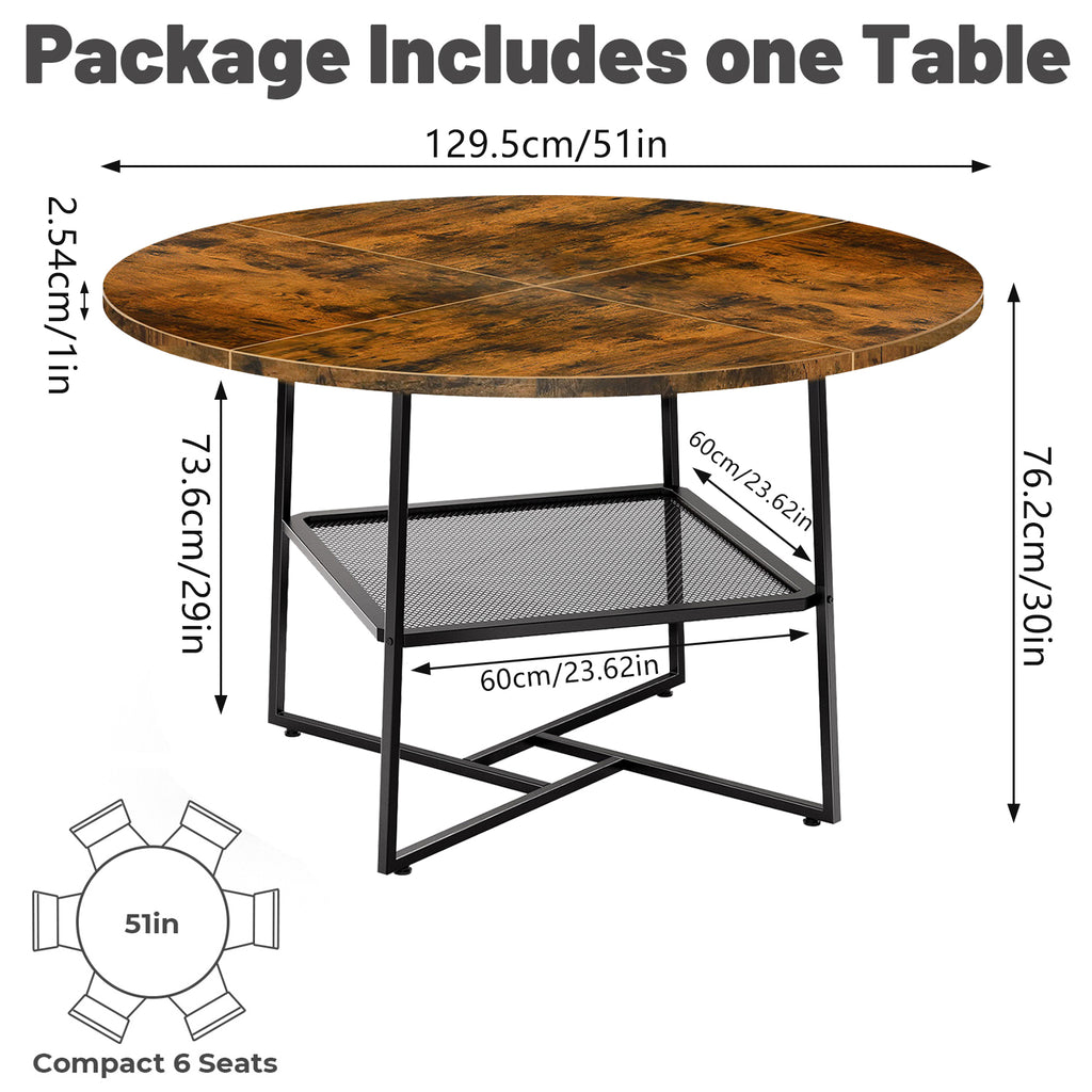 51-Inch Round Dining Table for 4-6 – Tiger Stripes Black Wooden Table with Metal Legs and Storage Shelf