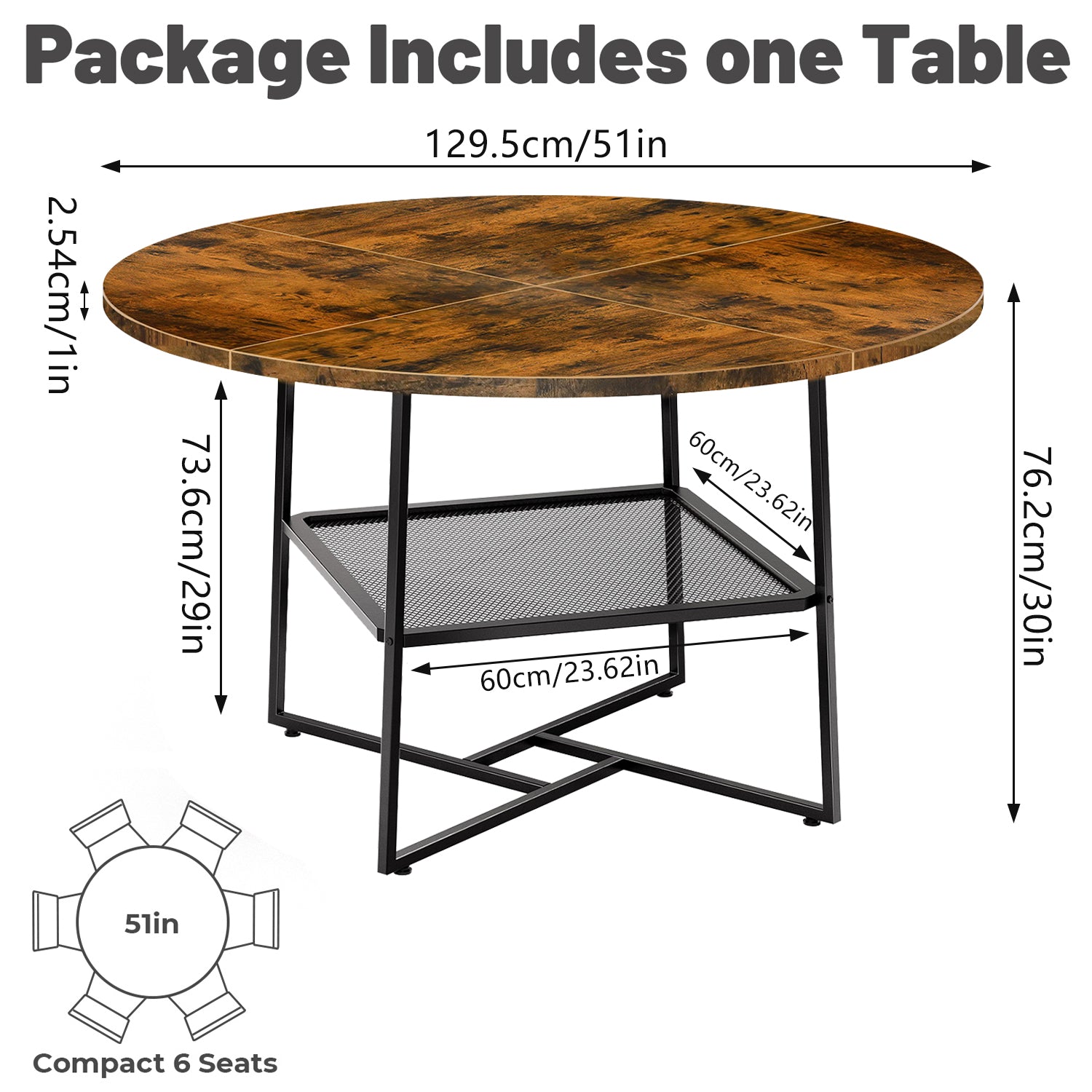 51-Inch Round Dining Table for 4-6 – Tiger Stripes Black Wooden Table with Metal Legs and Storage Shelf