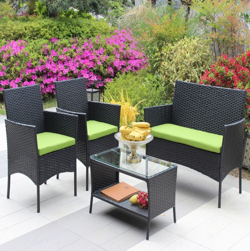 4-Piece Rattan Patio Furniture Set – Outdoor Wicker Sofa Set with Green Cushions