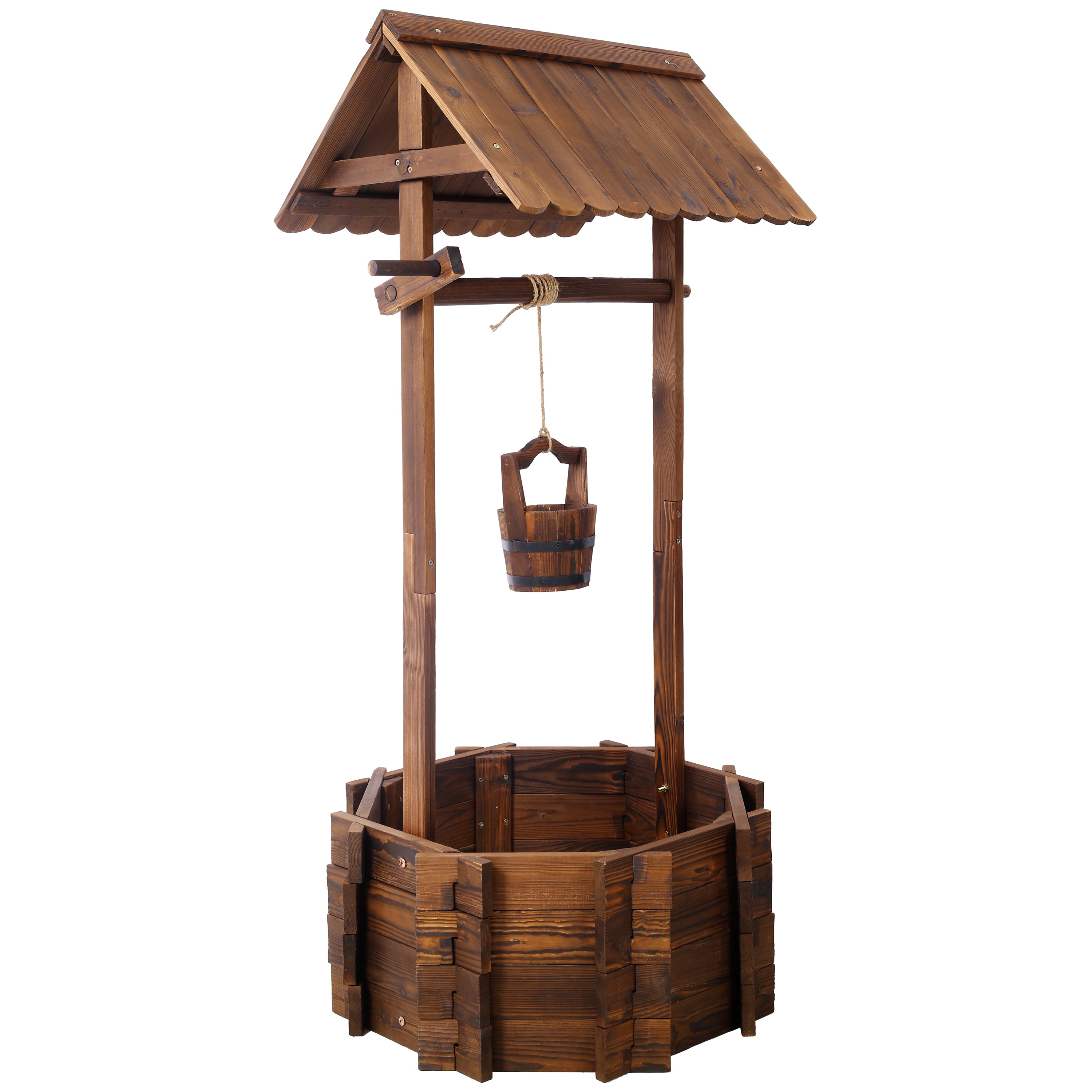 Rustic Wooden Wishing Well Planter – Outdoor Garden & Patio Decor with Hanging Bucket