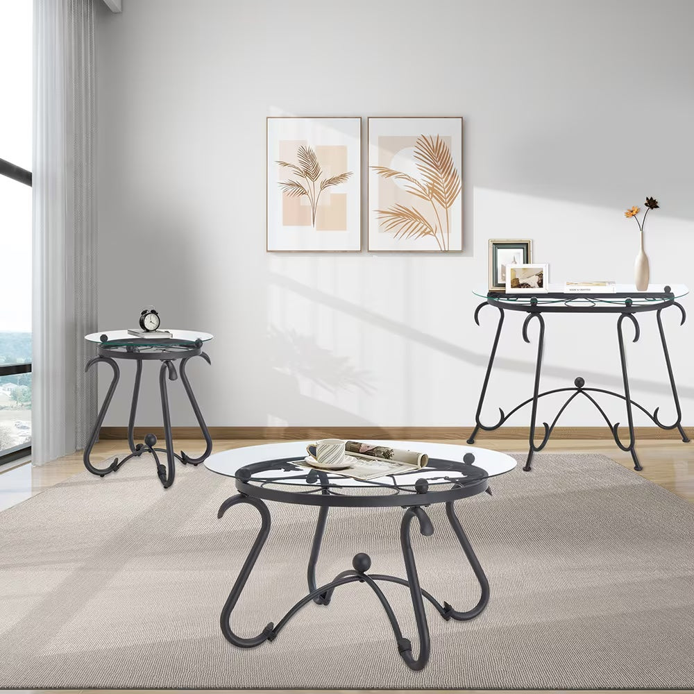 Tempered Glass Console Table – Modern Black Metal Sofa Table for Living Room