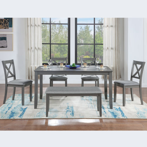 6-Piece Gray Kitchen Dining Set – Rectangular Wooden Table with 4 Upholstered Chairs & Bench