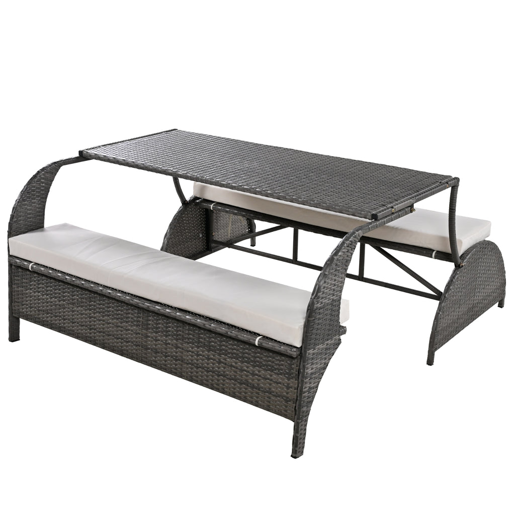 U-Style Outdoor Loveseat Convertible to 4 Seats with Table – HDPE Patio Furniture Set (Beige)