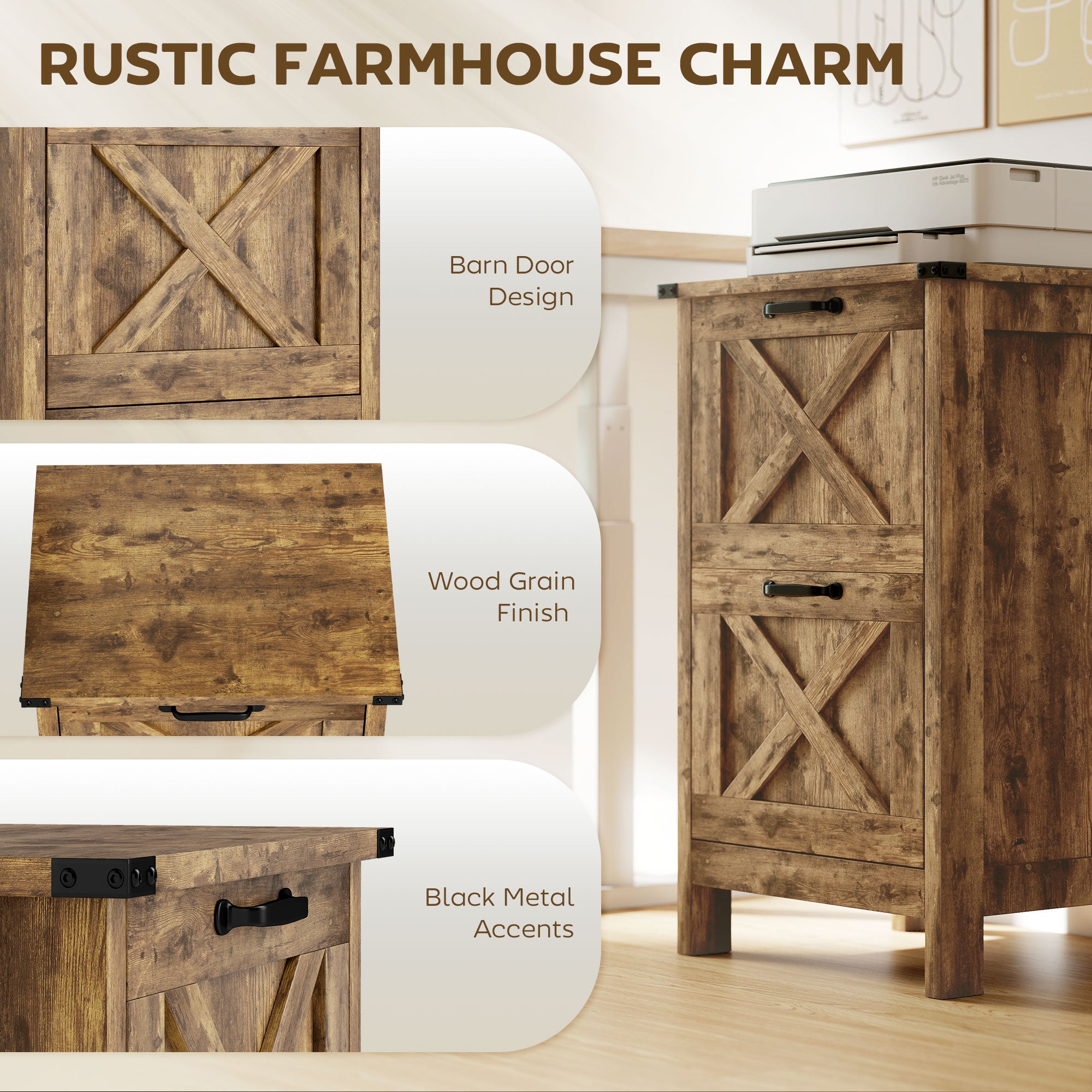 Vertical File Cabinet with 2 Drawers, Rustic Farmhouse Office Storage Cabinet for A4, Letter Size, Rustic Brown