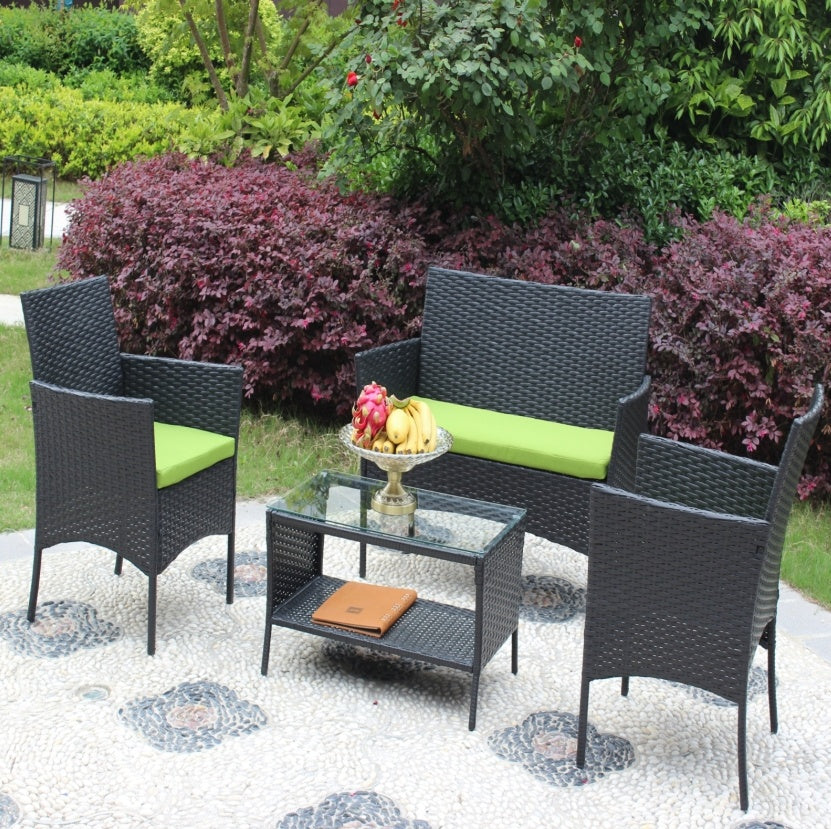 4-Piece Rattan Patio Furniture Set – Outdoor Wicker Sofa Set with Green Cushions
