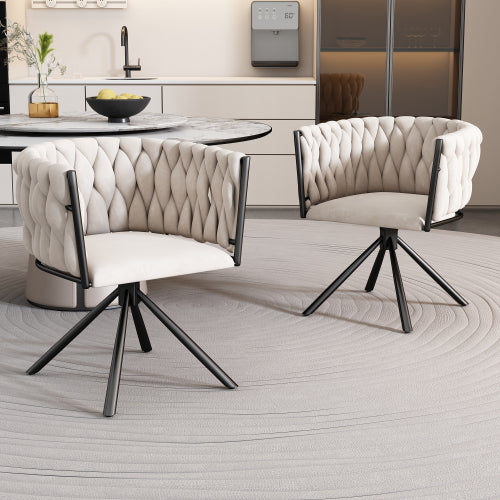 Set of 2 Velvet Swivel Dining Chairs – Modern Luxury Upholstered Chairs with Metal Legs (Beige)