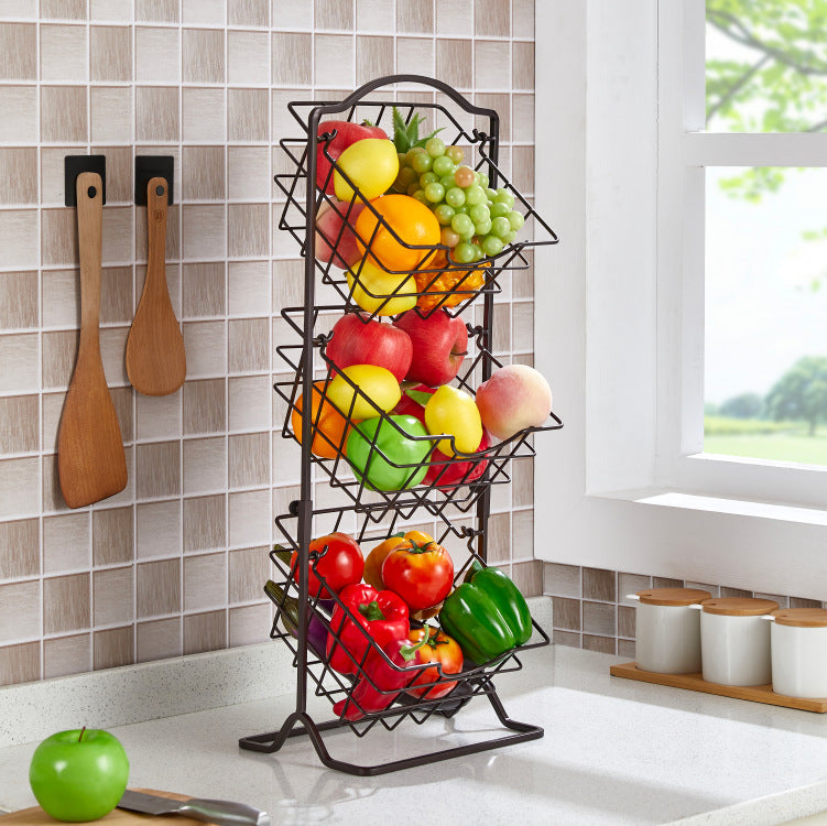 Simple Multi-Layer Iron Storage Shelf – 3-Tier Fruit & Vegetable Basket (Black)