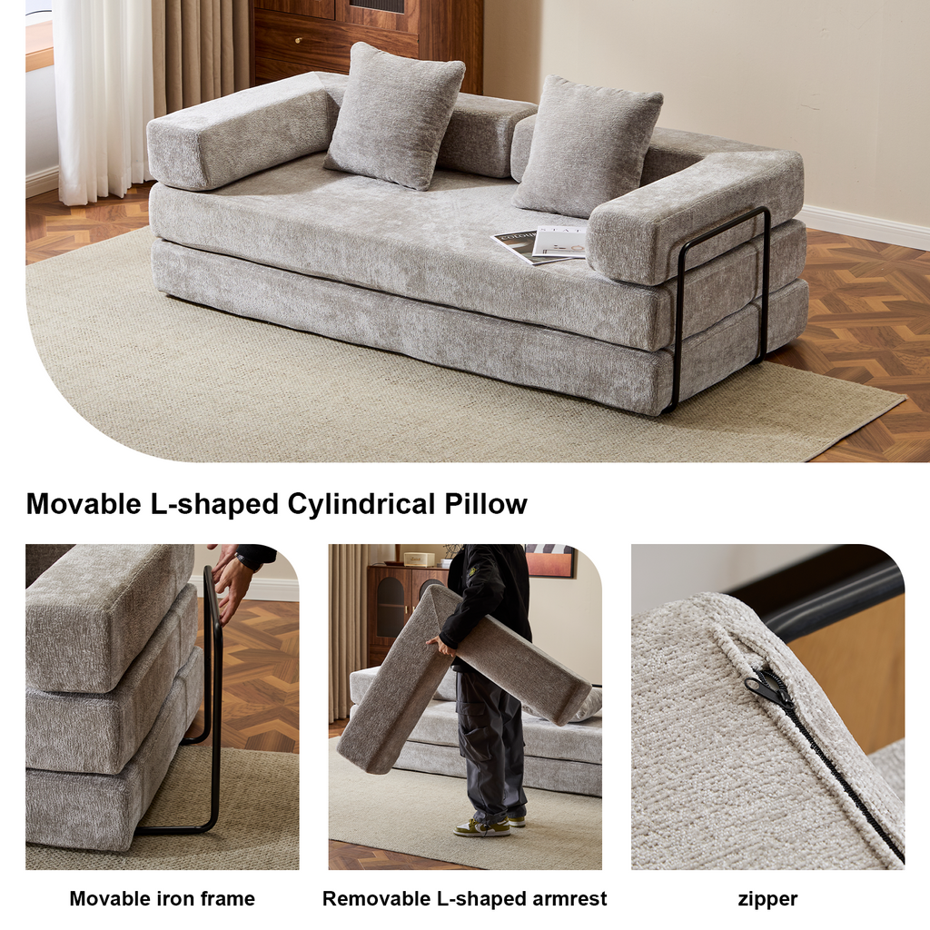 Convertible Floor Couch Sofa Bed – 3-Seat Chenille Compression Futon with Memory Foam (Light Grey)