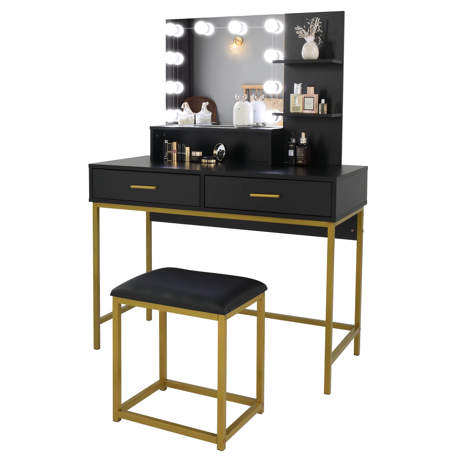 Modern Black Vanity Dressing Table Set with LED Lighted Mirror, Stool & Storage Drawers
