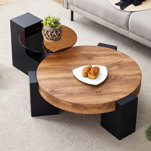 Modern Double-Layer Round Coffee Table – Transparent Gray Glass Top with Black MDF L-Shaped Legs