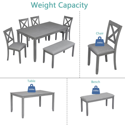 6-Piece Gray Kitchen Dining Set – Rectangular Wooden Table with 4 Upholstered Chairs & Bench