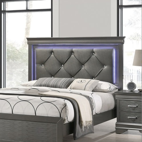 Dark Gray Faux Leather Tufted Queen Size Bed Frame with LED Headboard – Modern Bedroom Furniture