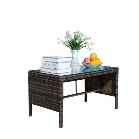 Outdoor Patio Coffee Table with Clear Tempered Glass – Rattan Wicker Table for Garden & Balcony (Brown)