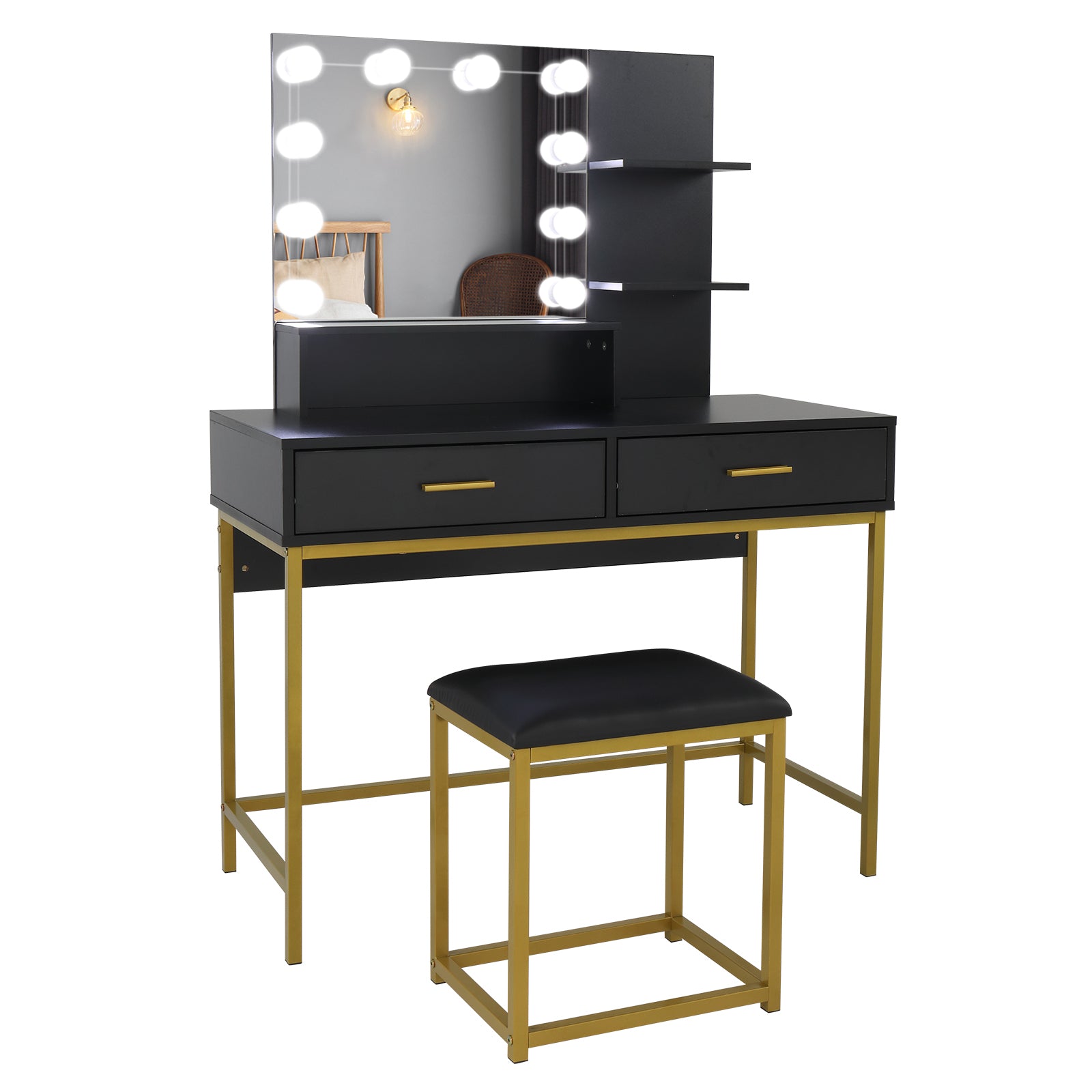 Modern Black Vanity Dressing Table Set with LED Lighted Mirror, Stool & Storage Drawers
