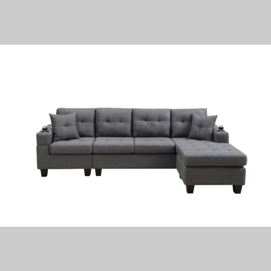 Modern Grey Sectional Sofa – Comfortable Fabric 2-Piece L-Shaped Couch with Cup Holders and Pillows