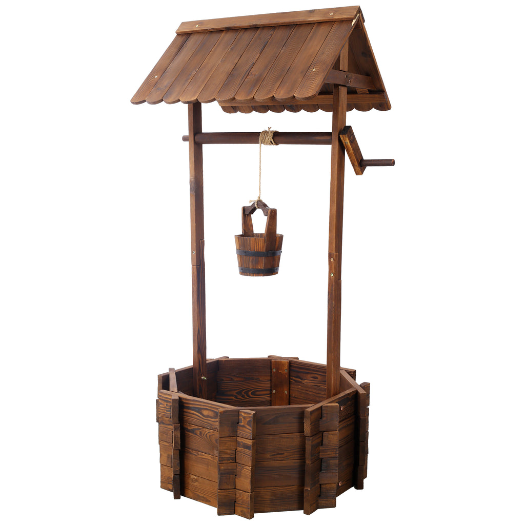 Rustic Wooden Wishing Well Planter – Outdoor Garden & Patio Decor with Hanging Bucket